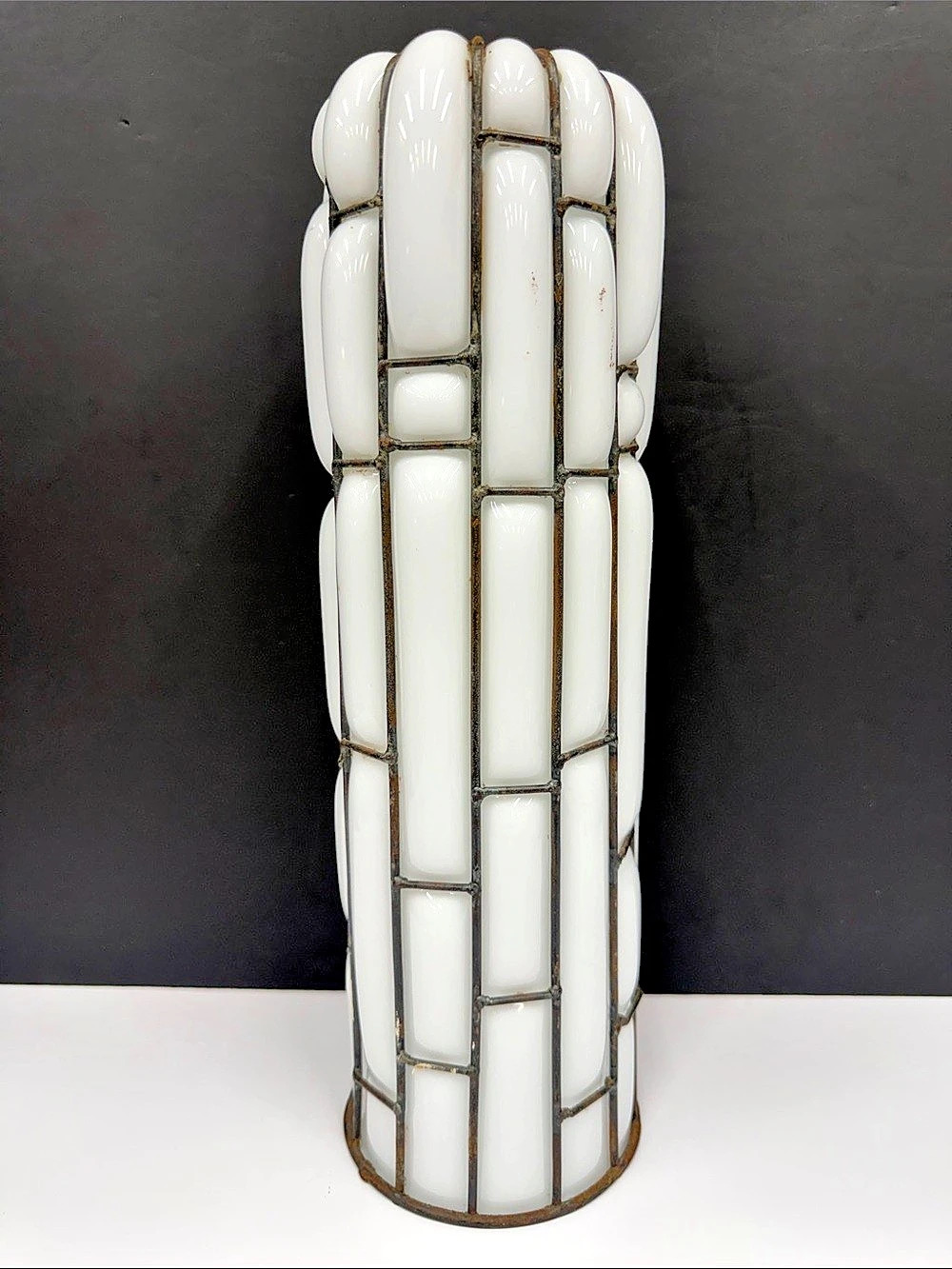 RARE Vintage MCM Caged Opaline Milk Glass Pendant Light Shade 14” Sculptural